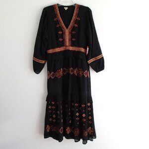 Reba Embroidered Dress Women's Size 8 Black Ruffle Tiered V-Neck Midi Boho